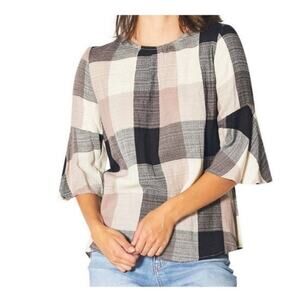 Anthropologie RO&DE bell sleeve plaid 3/4 pink black shirt XS